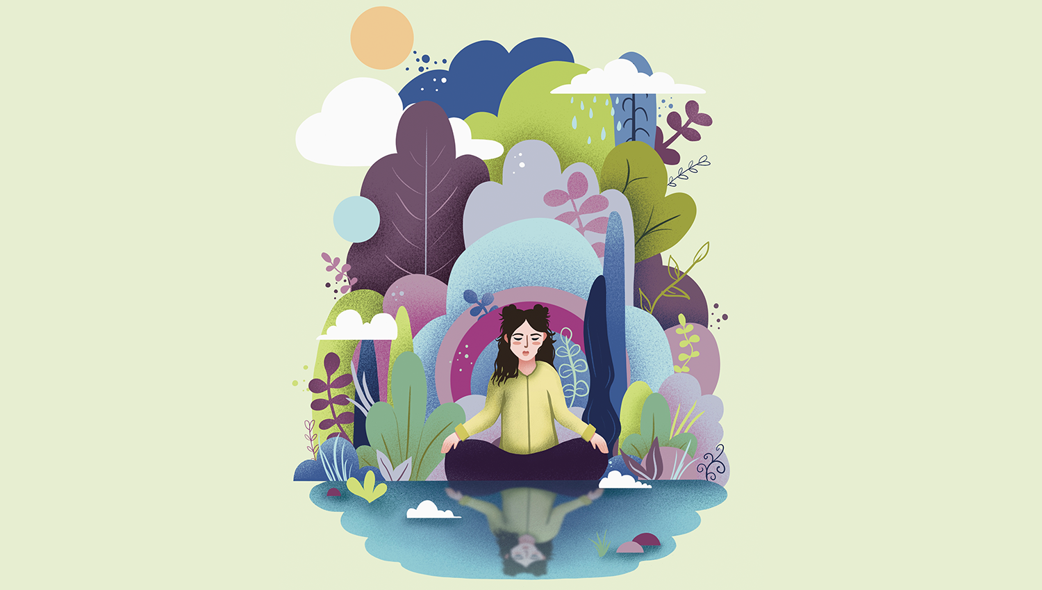Wide view of Cultivated Calm digital illustration showing a character meditating surrounded by plants and shapes.